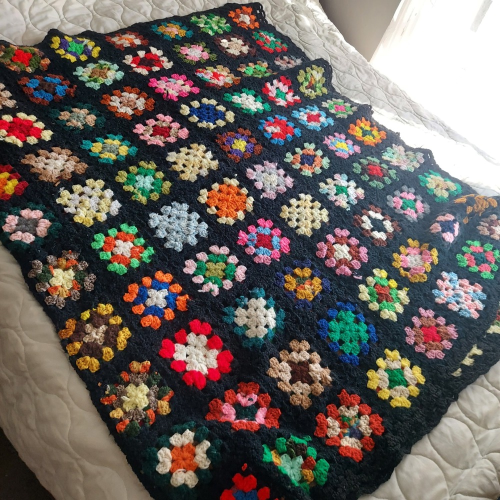 Vintage Handmade Crochet Granny Square Afghan Throw Blanket Multi-Color 90x50